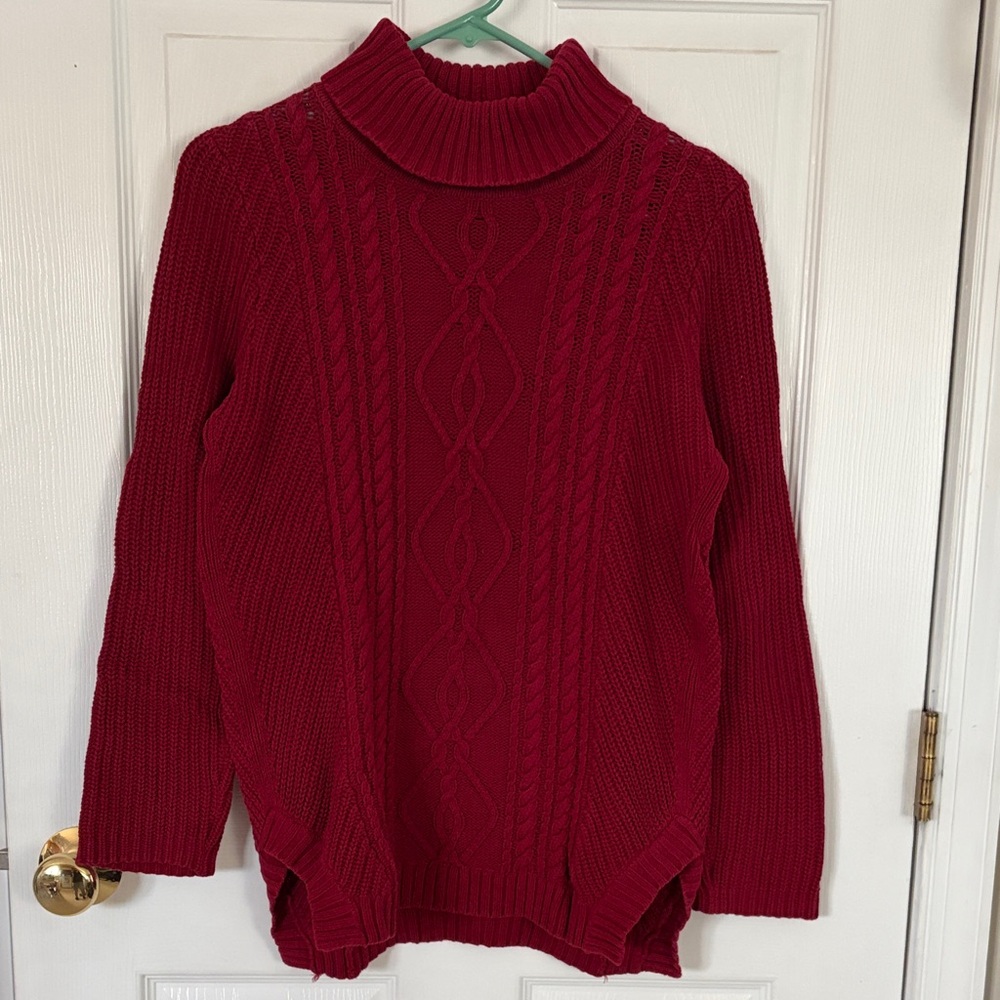 Burgundy Cable Knit Turtleneck Sweater